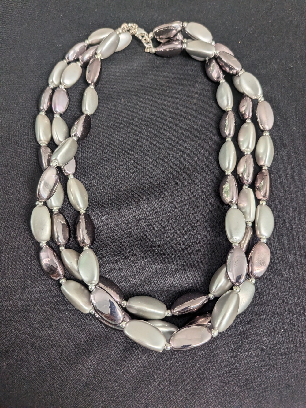 Elegant Three-Strand Gray and Metallic Bead Necklace 8" - Women Jewelry